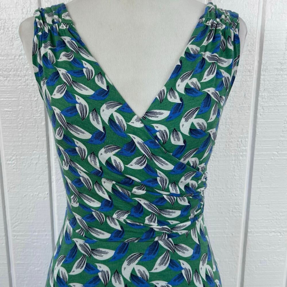 Boden Green Blue Leaf Print Ruched Dress Sleeveless Stretch Midi Workwear Size 2 - Picture 3 of 6